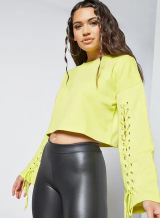 Lace Up Cropped Sweatshirt Yellow 