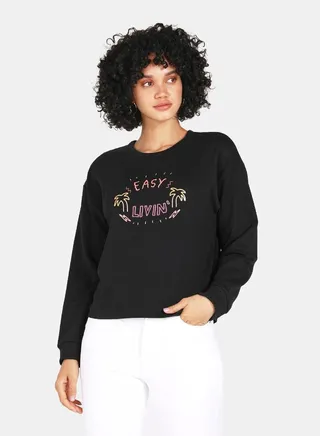 Easy Livin Print Crop Sweatshirt Black 