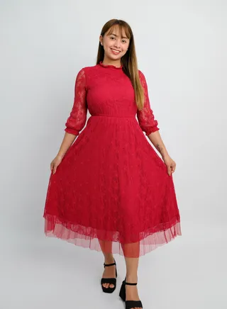 Women’s Lace Design Button Secure Dress in Red 