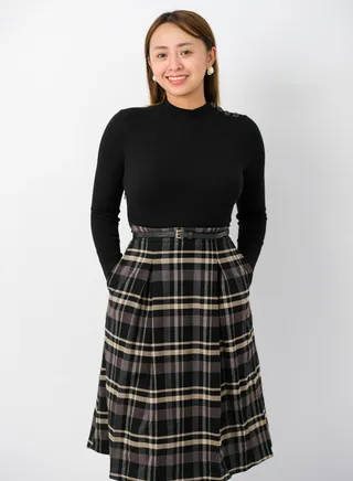 Women’s Pleated Checked Bottom Knit Dress in Chocolate Check 