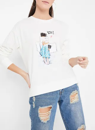 Faux Rhinestone Detailed Sweatshirt White 