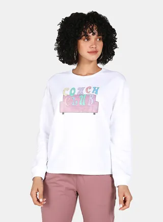 Couch Club Printed Casual Crew Neck Sweatshirt White 