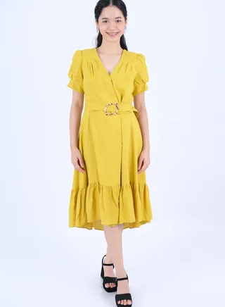 Women’s Wrap Trim Design Belted Dress in Oil Yellow 