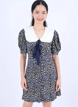 Women’s Doll Collared Floral Short Dress in Daisy AOP Navy 