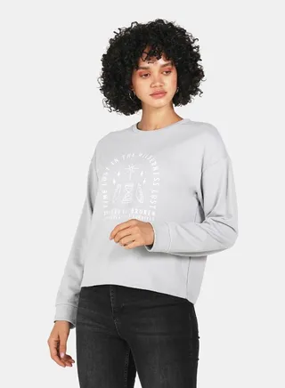 Slogan Print Crew Neck Crop Sweatshirt Grey 