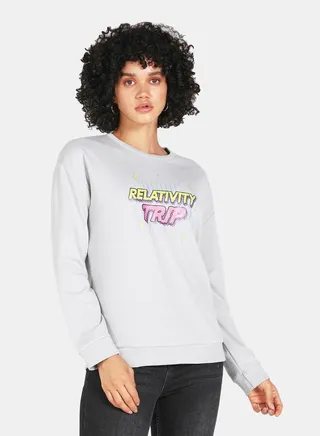 Relativity Trip Printed Casual Crew Neck Sweatshirt Grey 
