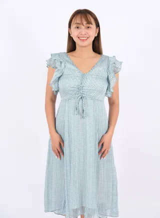 Women’s Check Design Butterfly Sleeves Dress in Green Gingham 