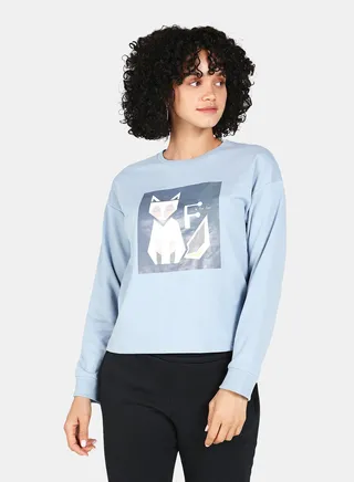 Animal Printed Crew Neck Long Sleeves Sweatshirt Blue Fog 
