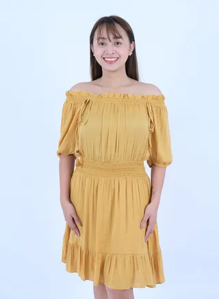 Women’s Elasticated Waist Pull On Casual Dress in Amber Gold 