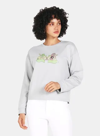 Printed Crew Neck Crop Sweatshirt Grey 