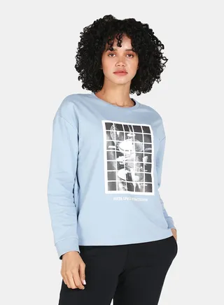 Printed Casual Crew Neck Sweatshirt Blue Fog 