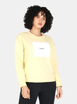 Imagine Printed Casual Crew Neck Sweatshirt Yellow 