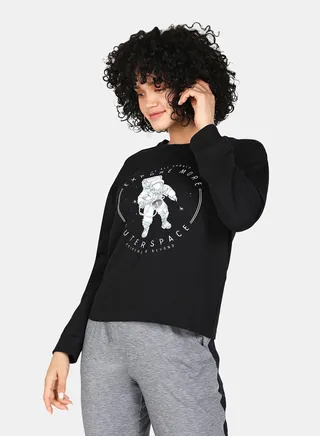 Casual Graphic Printed Crew Neck Regular Fit Sweatshirt Black 