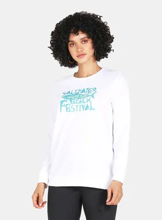 Salt Water Shark Beach Festival Printed Casual Crew Neck Sweatshirt White 