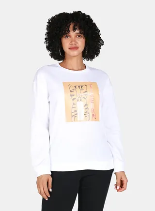 Tiger Printed Casual Crew Neck Sweatshirt White 