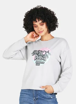 Slogan Print Crew Neck Crop Sweatshirt Grey 
