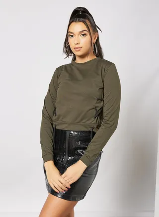 Solid Pattern Cropped Sweatshirt Green 
