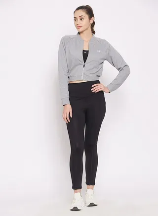 Clovia Comfort-Fit Active Crop Sweatshirt in Melange Grey with Reflective Logo 
