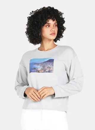 Graphic Print Round Neck Crop Sweatshirt Grey 