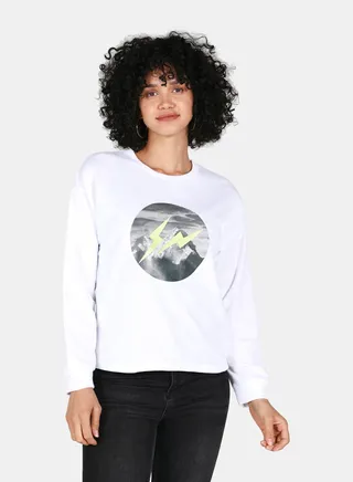 Graphic Print Round Neck Crop Sweatshirt White 