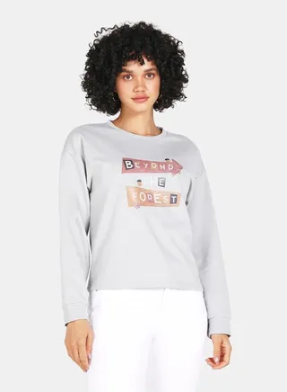 Beyond The Forest Print Crop Sweatshirt Grey 