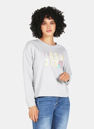 Casual Printed Long Sleeve Sweatshirt Grey 