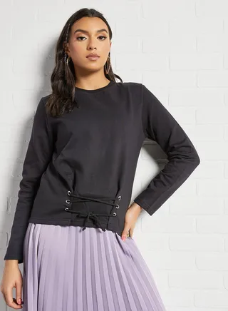 Solid Pattern Loops Detail Sweatshirt Black 