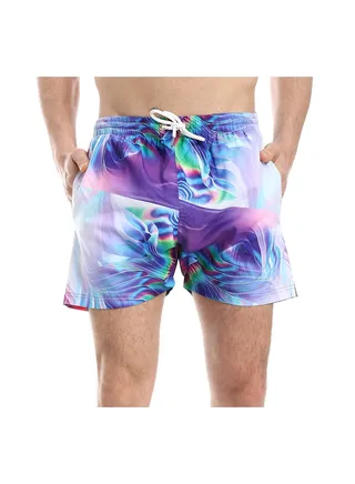 Multicolour Elastic Waist Slash Pockets Swim Short 