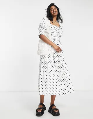 Topshop spot poplin tiered midi dress in monochrome