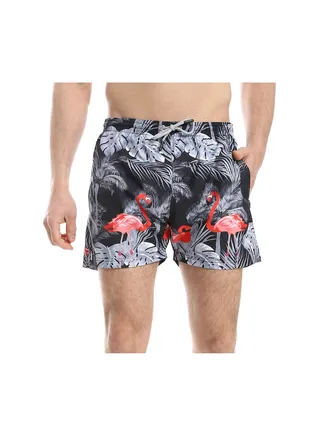 Flamingo Pattern Slip On Swim Shorts - Black, Grey & Red 