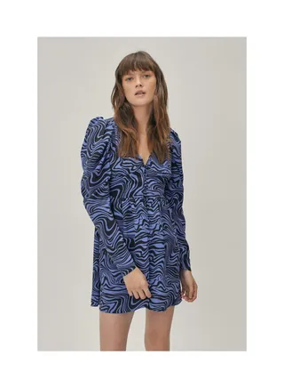 Puff Sleeve V Neck Mini Dress In Print 