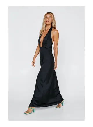 Satin Halter Low Back Plunge Maxi Dress 