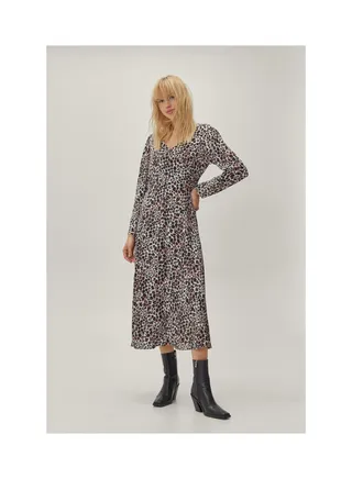 V Neck Button Down Leopard Print Midi Dress 