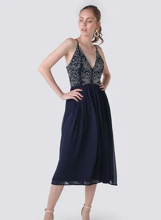 Embellished Bodice Dress Navy 
