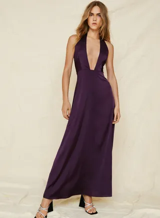 Satin Halter Low Back Plunge Maxi Dress 
