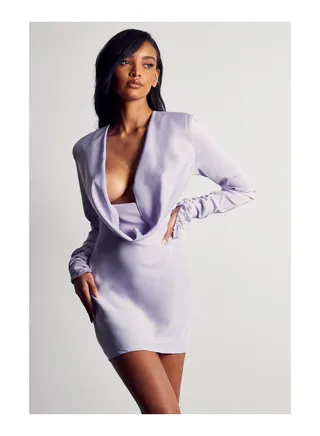 Premium Satin Cowl Neck Shoulder Pad Dress 