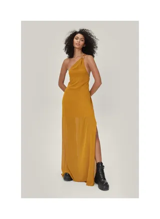 One Shoulder Chiffon Maxi Smock Dress 