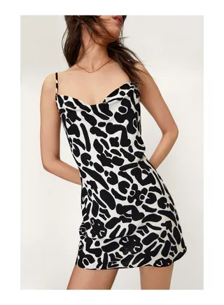 Mono Tribal Printed Mini Cowl Neck Dress 