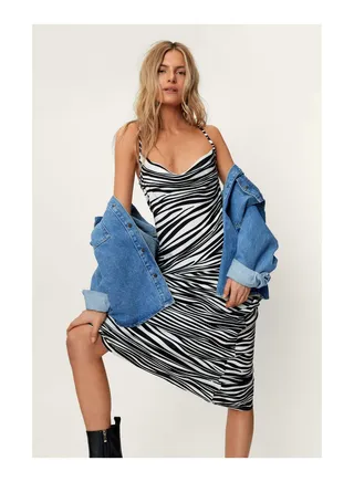 Zebra Printed Satin Cowl Neck Slip Dress 