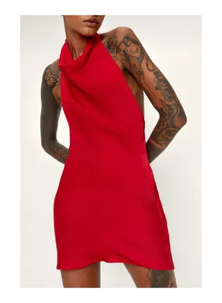 Hammered Satin Cowl Low Back Mini Dress 