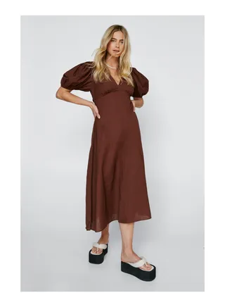 Linen Open Back V Neck Midi Dress 