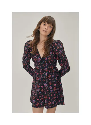 Floral Print Button Down V Neck Mini Dress 