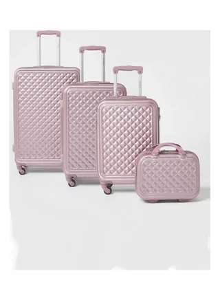 4-Piece Textured Checkered Luggage Trolley Set Light Pink 