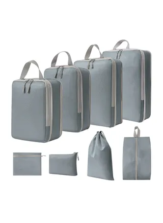 Compression Packing Cubes for Travel, Suitcases Essentials 8 Set Expandable Waterproof Travel Bags Organizer for Luggage Compression Bags Travel Essentials + Shoe Bag, Laundry Bag (8pcs-Grey) 