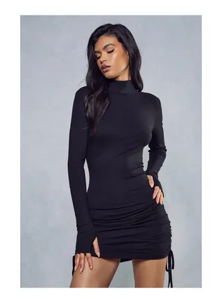 Soft Rib High Neck Ruched Side Dress 