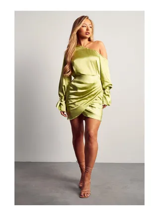 Satin Off Shoulder Draped Mini Dress 