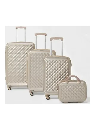 4-Piece Textured Checkered Luggage Trolley Set Champagne 