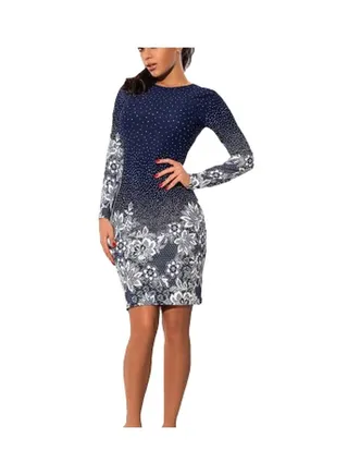 Flower Printed Long Sleeves Dress Dark Blue/White 