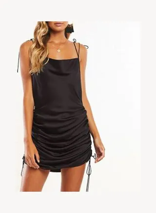 Drawstring Spaghetti Straps Backless Satin Slash Neck Dress Black 