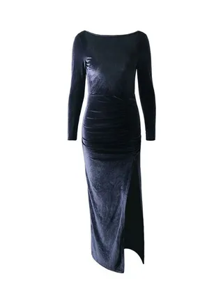Velvet Ruched Gathering High Split Open Back Elegant Dress Black 